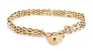 9CT GOLD FANCY GATE LINK BRACELET, with padlock clasp, 19cms (l), 20.2g Provenance: deceased