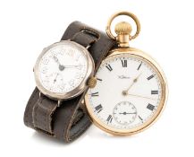 WWI PERIOD SILVER TRENCH WATCH, on leather strap with Waltham gold-plated open-face pocket watch,