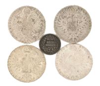 FOUR MARIA THERESA SILVER THALERS, 84.2g, and a Victoria silver shilling, 1853 (5) Provenance: