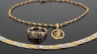 9CT GOLD FLAT WEAVE CHOKER NECKLACE, with lobster claw clasp, 46cms (l), 6.4g; together with a 9ct