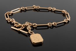 9CT GOLD TROMBONE LINK ALBERT, with T-bar, monogram and date (1918) engraved locket, and lobster