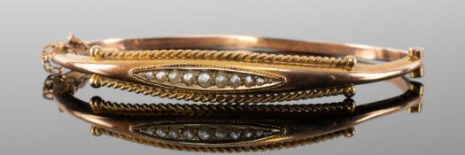 9CT GOLD & SEED PEARL HINGED BANGLE, hallmarks rubbed, cuff size 60mms, 5.5g, in a fitted box
