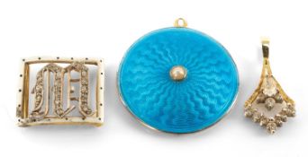BLUE GUILLOCHÉ ENAMEL PENDANT, centred with a split pearl, 25mms (diam.); together with enamel and