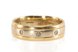 9CT GOLD THREE-STONE DIAMOND CHIP WEDDING BAND, white and yellow gold, ring size T, wt. 5.2g