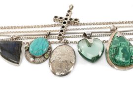 FOUR STERLING-SILVER PENDANT NECKLACES, comprising malachite pendant, 73mms; turquoise, pearl and