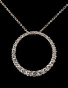 14K WHITE GOLD DIAMOND CIRCULAR PENDANT ON CHAIN, claw set with thirty-two round brilliant-cut