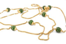 18CT GOLD JADE BEADED NECKLACE, the spinach green beads 6mms (diam.), on a box link chain with