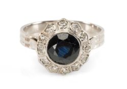 WHITE METAL SAPPHIRE & DIAMOND CLUSTER RING, ring size N 1/2, 4.1g in ring box Provenance: private
