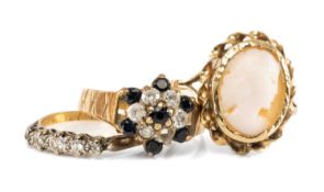 THREE GOLD RINGS, comprising 9ct gold shell cameo ring (cameo loose), ring size T; 9ct gold sapphire