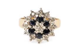 9CT GOLD SAPPHIRE & DIAMOND FLOWER CLUSTER RING, ring size P, gross weight 4.5g Provenance: