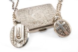 SILVER MOURNING LOCKET, detailed with a cross, 50mms drop, on a heavy silver chain necklace,