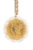 1898 $20 GOLD COIN IN MOUNT, on 9k gold chain, 58g Provenance: private collection Neath Port