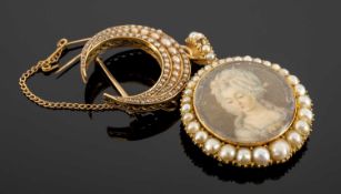 19TH C. YELLOW METAL SPLIT PEARL PORTRAIT MINIATURE PENDANT, suspended from crescent brooch (
