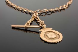 9CT GOLD OPEN CURB LINK WATCH ALBERT, centred with a T-bar and inscribed 9ct gold shield fob, 36.