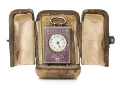 SWISS LILAC ENAMELLED MINIATURE SILVER CARRIAGE CLOCK, import marks London 1913, 19mms dial, foliate