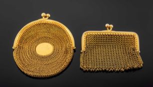 TWO 9CT GOLD MESH PURSES, one of circular form with disc centre, London Import marks for 1916,