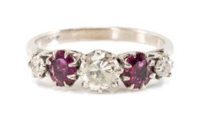 18CT WHITE GOLD FIVE-STONE DIAMOND & RUBY RING, approx. 0.5ct total diamond weight, size O, 3.78g