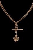 9CT GOLD CURB LINK ALBERT CHAIN, with T-bar and 9ct gold Prince of Wales feathers charm engraved '