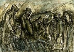 ‡ MALCOLM HUGHES pen and ink on paper - entitled verso 'Farmers Meeting', 19.5 x 28.5cms Provenance: