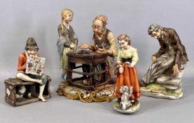 FOUR CAPODIMONTE FIGURE GROUPS, cobbler with girl, 26cms (h); girl with puppy, 20cms (h); boy on