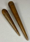TWO EARLY 19TH CENTURY WOODEN SAIL/ROPE MAKER'S FIDS, 34 and 25cms (l) Provenance: private