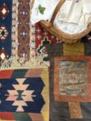 MIXED SOFT FURNISHINGS / TEXTILES, including Persian hand-woven mat, 44 x 43cms; crewel work mat, 88