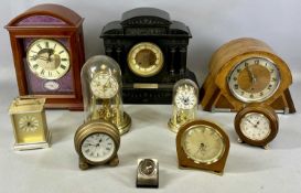VARIOUS CLOCKS, including black slate mantel clock of architectural design, with presentation plaque