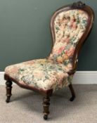VICTORIAN MAHOGANY LADIES' CHAIR, spoon back having scroll carved top rail, floral button back