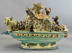 WILLIE CARTER (British, b. 1952) pottery sculpture of Noah's ark, various animals aboard including