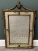 19TH CENTURY GILT FRAMED RECTANGULAR WALL MIRROR, urn pediment with drapes, segmented plate, 100 (h)
