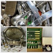 GROUP OF PLATED TABLE WARE, including oval two-handled tea tray, Sheffield plated ink stand with