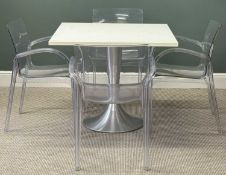 RETRO STYLE TABLE & CHAIR SET, the table with square white Formica top and brushed steel tulip base,