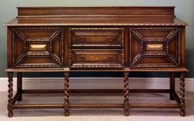 WARING & GILLOW OAK SIDEBOARD, with raised back, two centre drawers with cupboard to either side,
