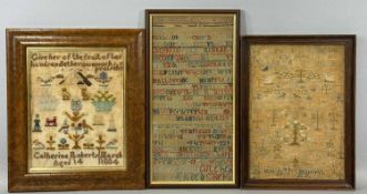 THREE VICTORIAN SAMPLERS, colourful woolwork example by Catherine Roberts, aged 14, dated 1884, 28 x