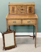 MAHOGANY BONHEUR DU JOUR, crossbanded and strung raised superstructure with gilded gallery, having