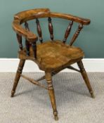 ELM SMOKER'S BOW ARMCHAIR, spindle back, outswept arms, shaped solid seat, turned supports and