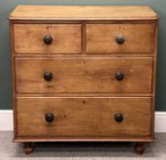 ANTIQUE STRIP PINE CHEST OF DRAWERS, turned knob handles and supports, 97 (h) x 94 (w) x 42cms (d)