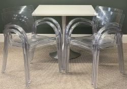RETRO STYLE TABLE & CHAIR SET, the table with square white Formica top and brushed steel tulip base,