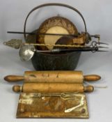 ANTIQUE & VINTAGE KITCHENALIA, including circular brass skillet with steel handle, 31cms (diam.);