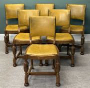 SET OF SIX OAK FRAMED DINING CHAIRS, studded upholstered vinyl backs and drop-in seats, turned