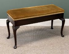 MAHOGANY FRAMED DUET STOOL, mustard dralon upholstered hinged seat, cabriole supports, 54 (h) x