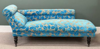 LATE 19TH CENTURY CHAISE LONGUE with scroll back and armrest, upholstered in a contemporary cut