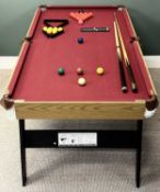 QUARTER SIZE POOL / SNOOKER TABLE, fold away design, 184 (l) x 92cms (w), with cues, balls, and