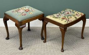 TWO MAHOGANY DRESSING STOOLS, floral woolwork seats, cabriole supports, 44 (h) x 54 (w) x 38cms (