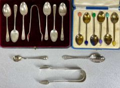 SILVER CUTLERY, cased set of six silver gilt coffee spoons with coloured bean handles and