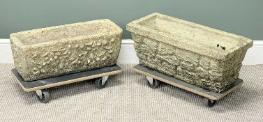 TWO RECTANGULAR STONEWARE GARDEN TROUGHS, one with embossed brickwork pattern, 26 (h) x 66 (w) x