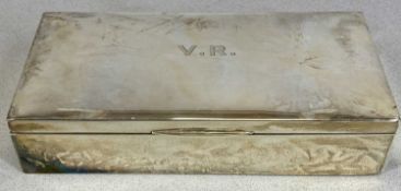 GEORGE V LARGE RECTANGULAR SILVER CIGARETTE BOX, hinged cover monogrammed 'VR', cedar lined