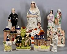 COLLECTION OF 19TH CENTURY STAFFORDSHIRE FIGURES, including Queen Victoria, 43cms (h); J. Bryan,