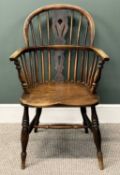 19TH CENTURY ELM & YEW WINDSOR ARMCHAIR, pierced splat and spindle back, shaped solid seat, turned
