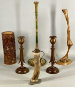 DECORATIVE WOODEN OBJECTS, including carved Chinese bamboo brush pot, 28cms (h); pair of circular